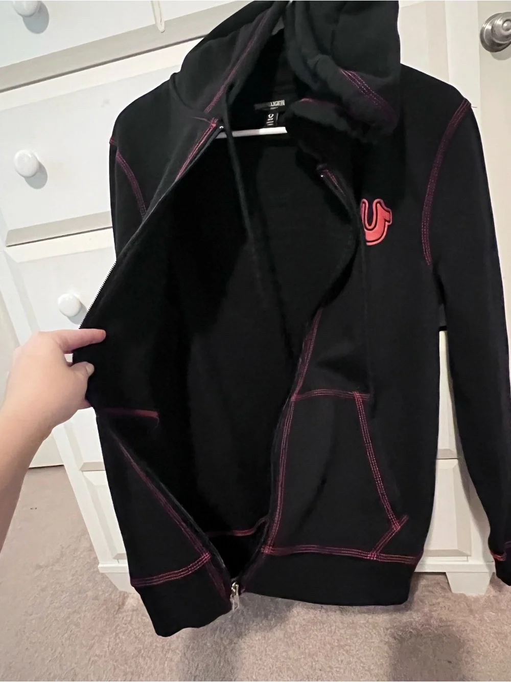 True Religion Black Hoodie with Red Contrast Stitching